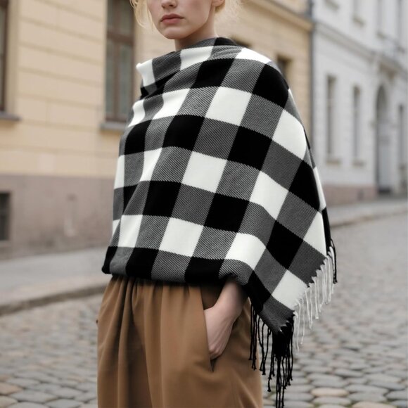 Women's White Gray Lattice Scarf Fashion Long Plaid Shawls Wraps Big Grid Winter - Picture 6 of 7